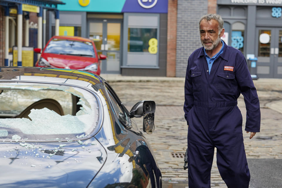 FROM ITV

STRICT EMBARGO - No Use Before Tuesday 19th July 2022

Coronation Street - Ep 1070102

Wednesday 27th July 2022

As Kevin Webster [MICHAEL LE VELL]sets about fixing Stephenâ€™s [TODD BOYCE] car, first Jack, then Abi, call his mobile and Stephen threatens to take his business elsewhere.  The pressure finally getting to him, Kevin loses his temper and picking up a wrench, starts smashing up Stephenâ€™s car. 

Picture contact - David.crook@itv.com

Photographer - Danielle Baguley

This photograph is (C) ITV Plc and can only be reproduced for editorial purposes directly in connection with the programme or event mentioned above, or ITV plc. Once made available by ITV plc Picture Desk, this photograph can be reproduced once only up until the transmission [TX] date and no reproduction fee will be charged. Any subsequent usage may incur a fee. This photograph must not be manipulated [excluding basic cropping] in a manner which alters the visual appearance of the person photographed deemed detrimental or inappropriate by ITV plc Picture Desk. This photograph must not be syndicated to any other company, publication or website, or permanently archived, without the express written permission of ITV Picture Desk. Full Terms and conditions are available on  www.itv.com/presscentre/itvpictures/terms
