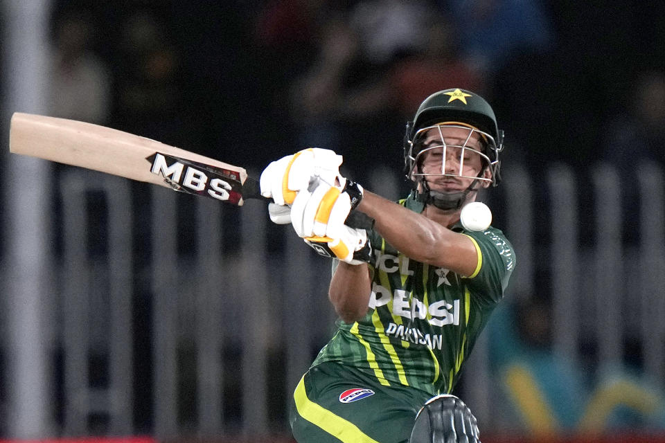 Pakistan's Saim Ayub plays a shot during the third T20 international cricket match between Pakistan and New Zealand, in Rawalpindi, Pakistan, Sunday, April 21, 2024. (AP Photo/Anjum Naveed)