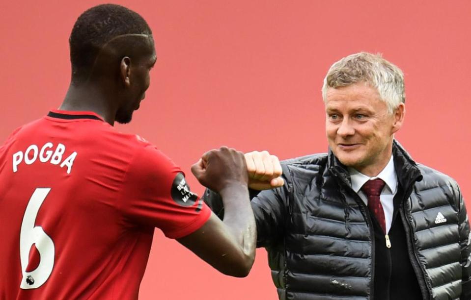 Manchester United’s manager, Ole Gunnar Solskjær, congratulates Paul Pogba after a 5-2 win over Bournemouth this month.