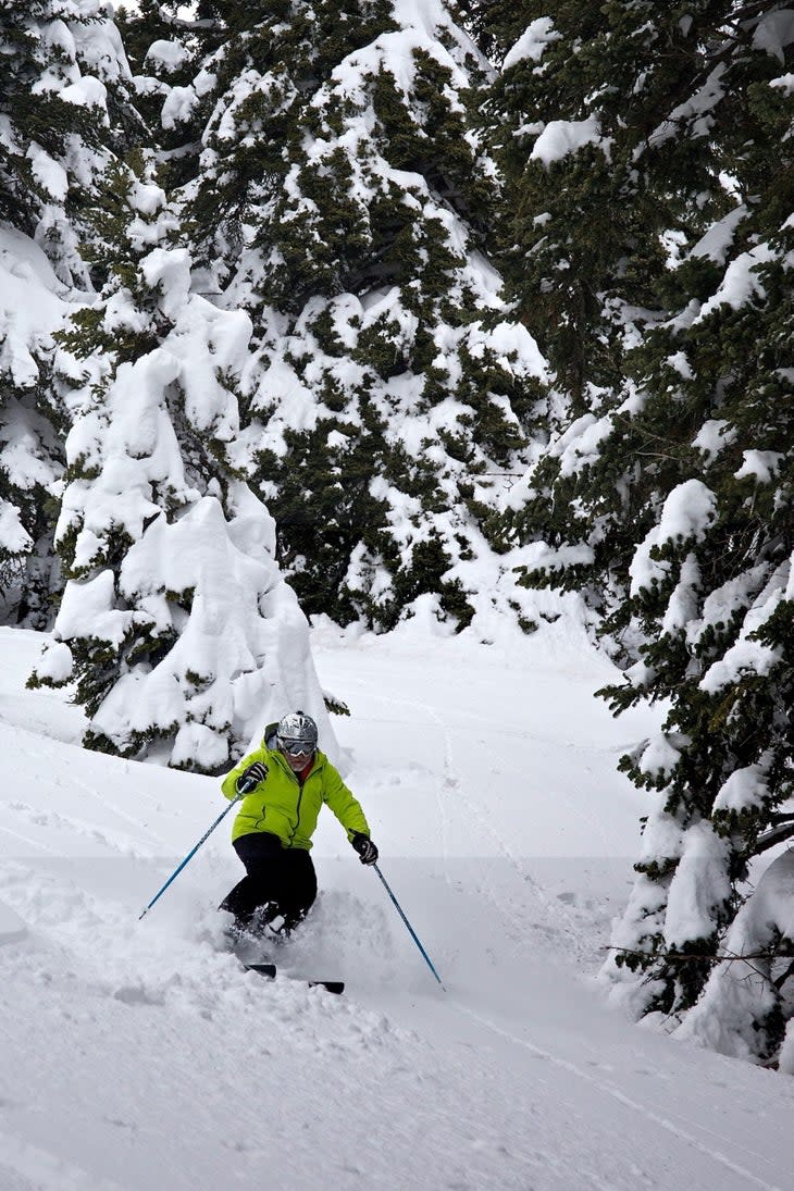 The writer’s ski buddy, Klaus Arpia, enjoys powder in the trees in Kalavryta. (Photo: Jimmy Petterson)