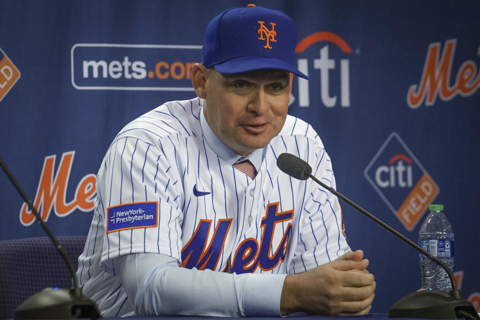 New York Mets new manager Carlos Mendoza speaks during a baseball press conference Tuesday, Nov. 14, 2023, at Citifield in New York. (AP Photo/Bebeto Matthews)