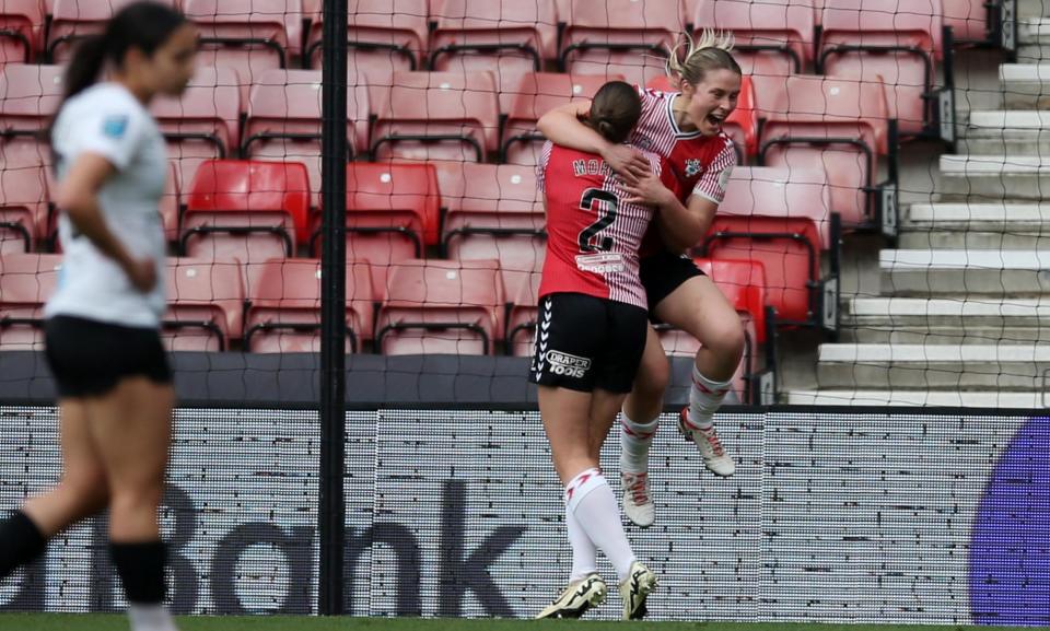 <span>Southampton’s Emma Thompson celebrates after scoring against Lewes last month in a match between sides of contrasting resources.</span><span>Photograph: Steve Bardens/The FA/Getty Images</span>