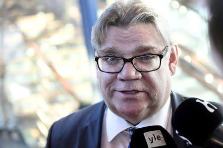 FILE PHOTO: Finnish Prime Minister Timo Soini, leader of Finland's populist Finns Party for two decades, gives a press conference at the Helsinki International airport in Vantaa, Finland, on March 5, 2017. Lehtikuva/Vesa Moilanen/via REUTERS/File Photo