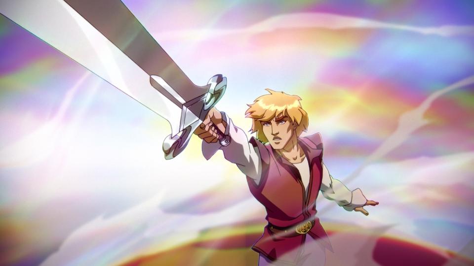 Prince Adam (Chris Wood) holds aloft his magic sword in Masters of the Universe: Revelation. (Netflix)