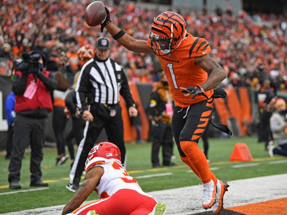 Ja'Marr Chase celebrates a touchdown against the Kansas City Chiefs.