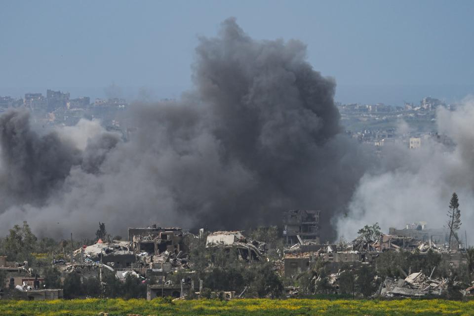 Smoke rises following an explosion in the Gaza Strip as seen from southern Israel on March 6, 2024.