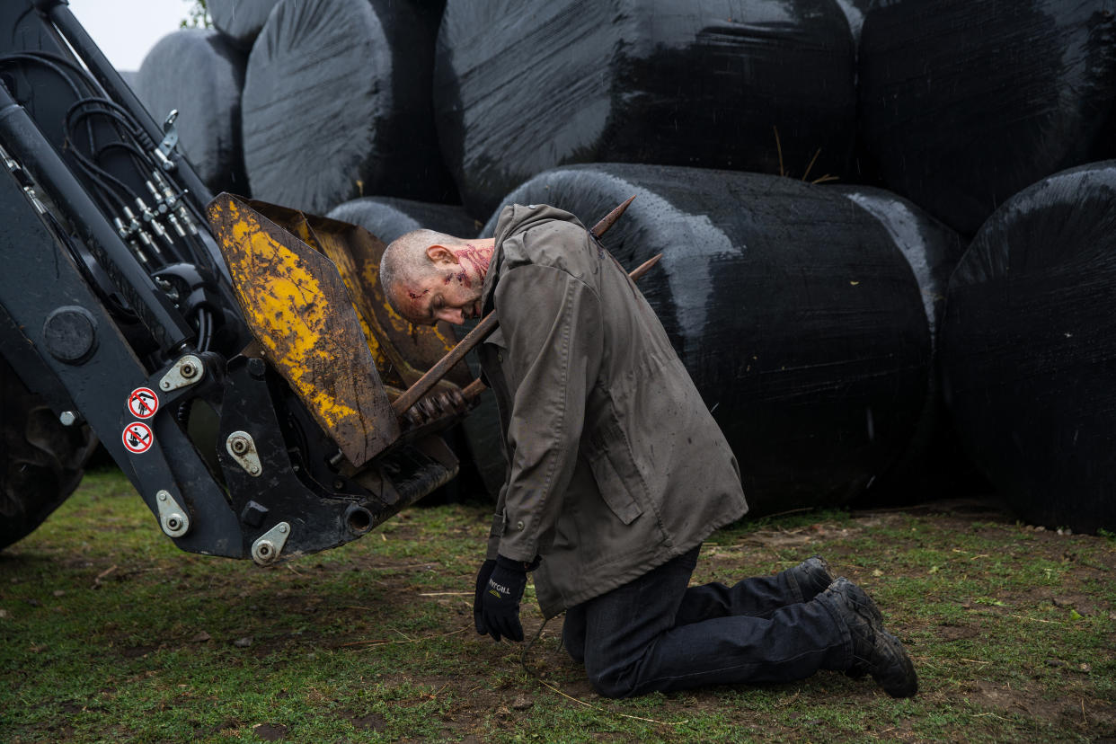 Sam has been impaled on a tractor spike on Emmerdale (ITV)