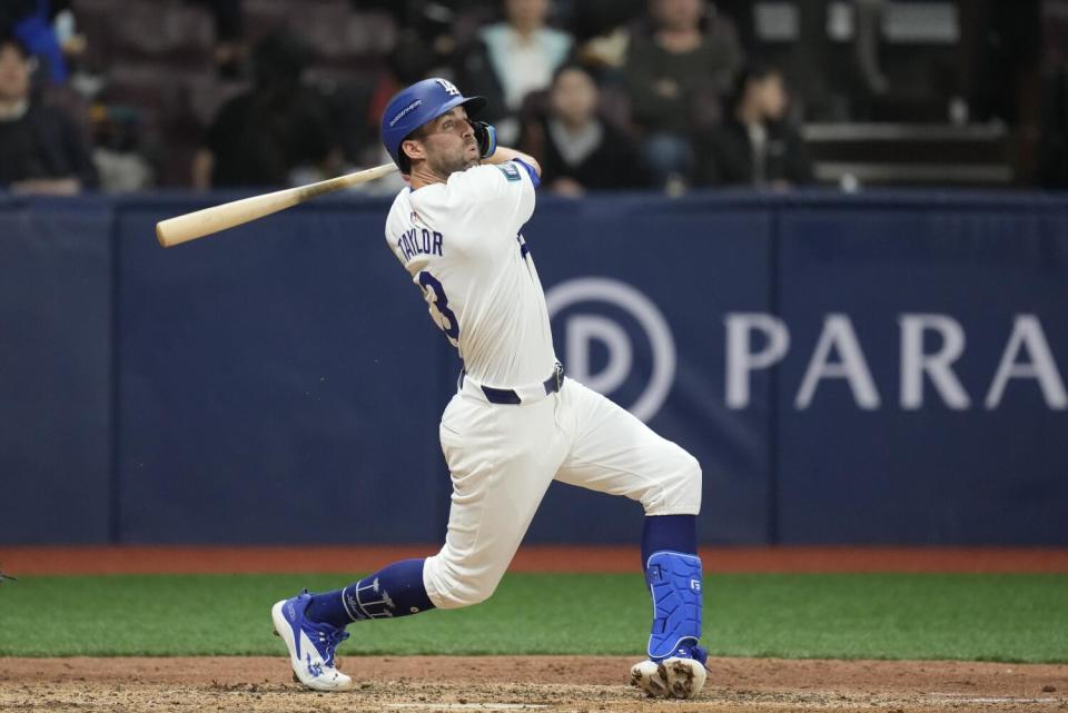 Chris Taylor hit during an exhibition game against Team Korea in March.