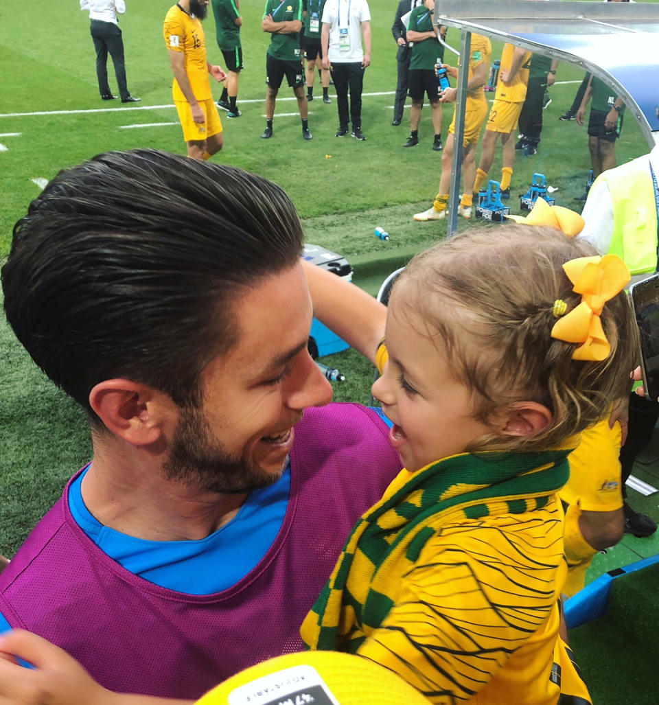 <p>Dani Jones, wife of Australia’s Brad Jones posted this photo of Jones with his daughter. </p>