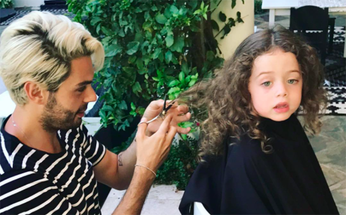 Celebrity hairstylist Joey Maalouf cutting Kaius' hair.