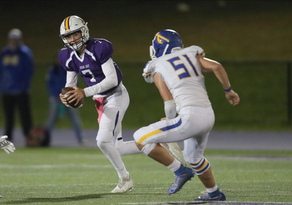 John Jay-Cross River quarterback Craig Galea (7) looks up field  during their 20-14 win over Mahopac in football action at John Jay High School in Cross River on Friday, October 1, 2021. 