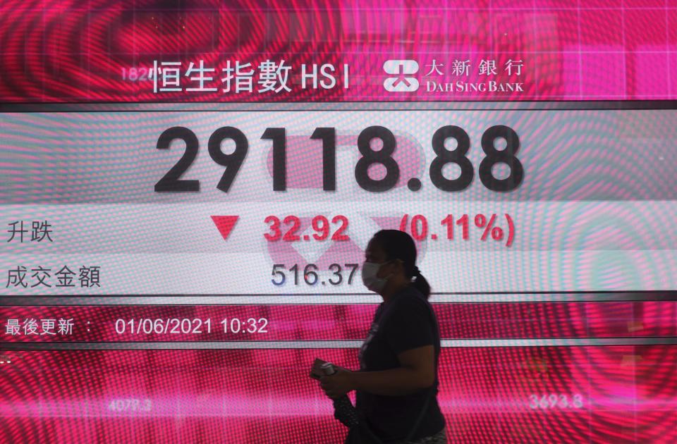 A woman walks past a bank's electronic board showing the Hong Kong share index in Hong Kong, Tuesday, June 1, 2021. Asian stock markets were mixed Tuesday as investors looked ahead to U.S. jobs data for reassurance the biggest global economy is improving following the previous month’s big hiring miss. (AP Photo/Vincent Yu)