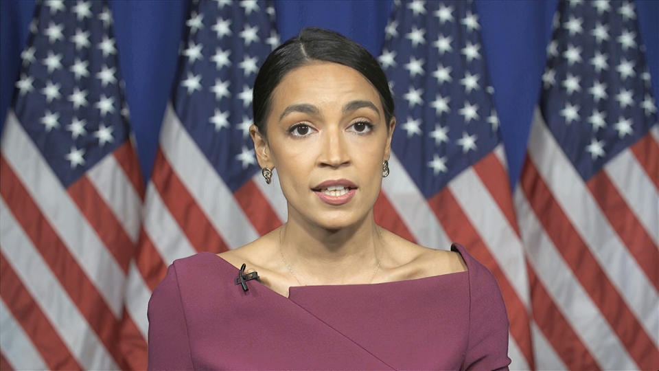 In this image from video, Rep. Alexandria Ocasio-Cortez, D-N.Y., speaks during the second night of the Democratic National Convention on Tuesday, Aug. 18, 2020. (Democratic National Convention via AP)