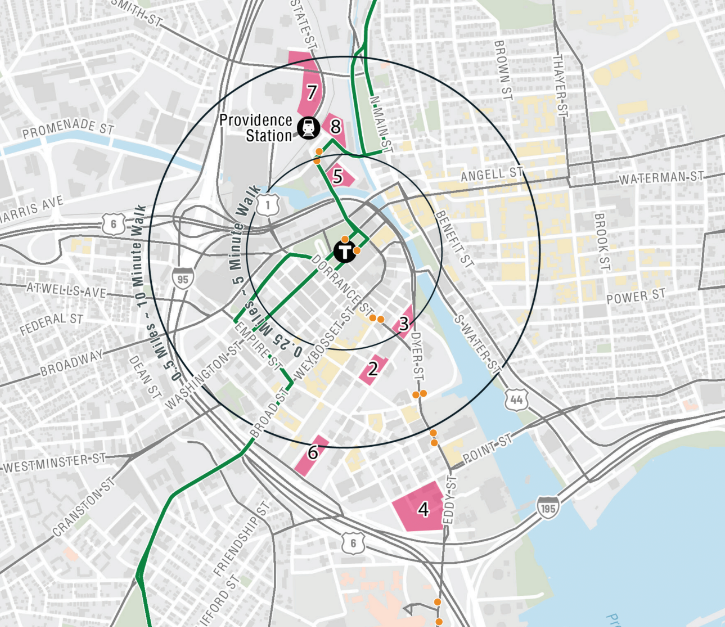This map shows the potential locations being considered for a new bus hub for the Rhode Island Public Transit Authority.