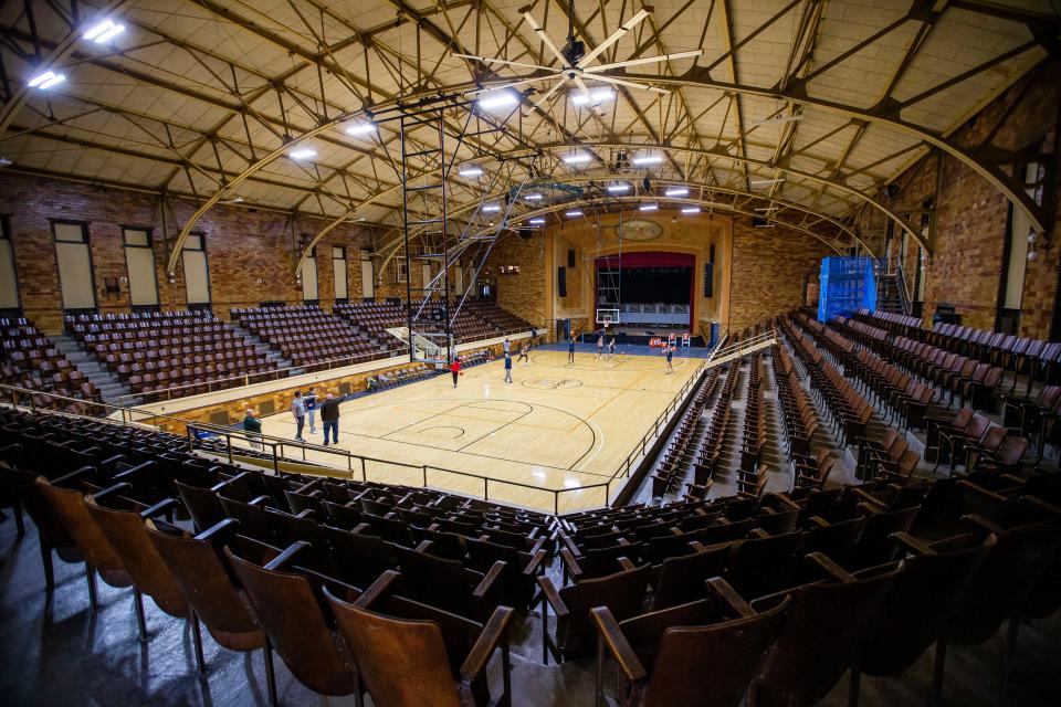 La Lumiere basketball players shoot around Tuesday, Jan. 4, 2021 inside the LaPorte Civic Center Auditorium. 