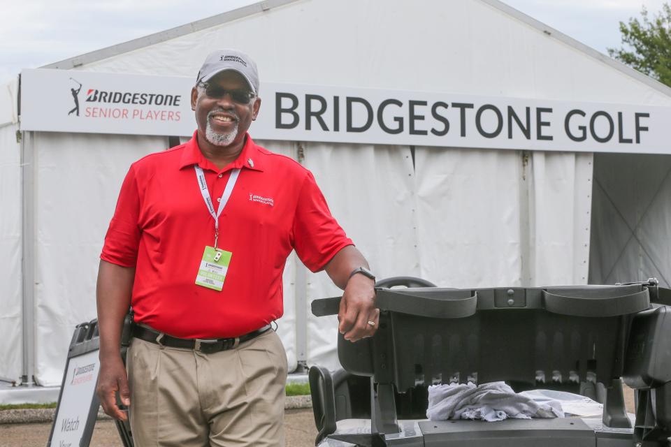 Ralph Paulk volunteers at the main entrance of the Bridgestone Senior Players Championship Pro-Am on Wednesday, July 6, 2022 in Akron, Ohio, at Firestone Country Club.