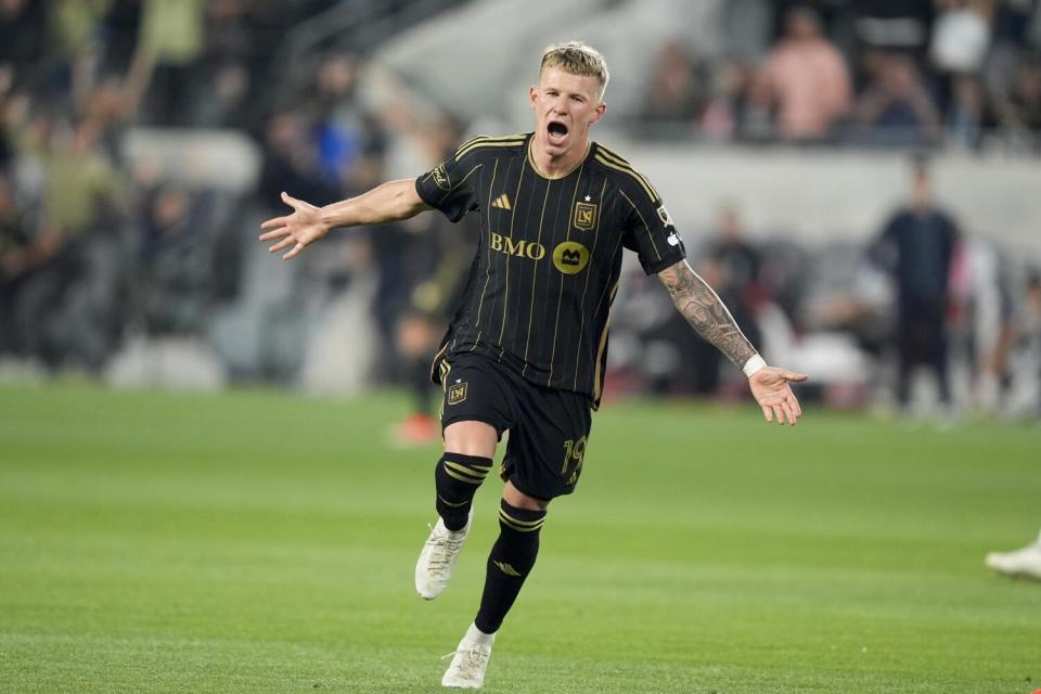 LAFC midfielder Mateusz Bogusz celebrates after scoring against Minnesota on May 29.