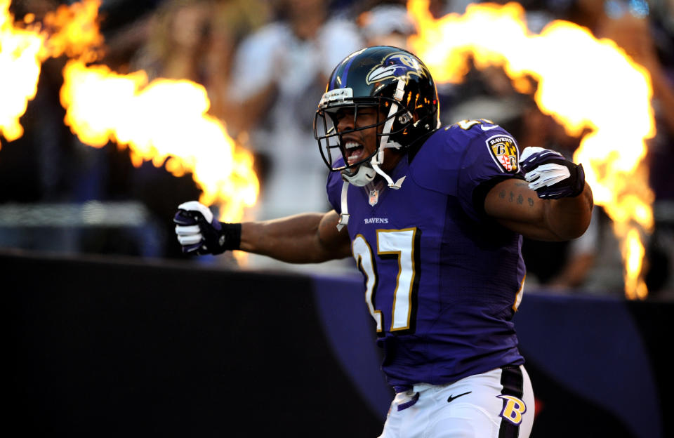 Running back Ray Rice #27 of the Baltimore Ravens runs onto the field during player introductions before taking on the Cincinnati Bengals at M&T Bank Stadium on September 10, 2012 in Baltimore, Maryland. (Photo by Patrick Smith/Getty Images)