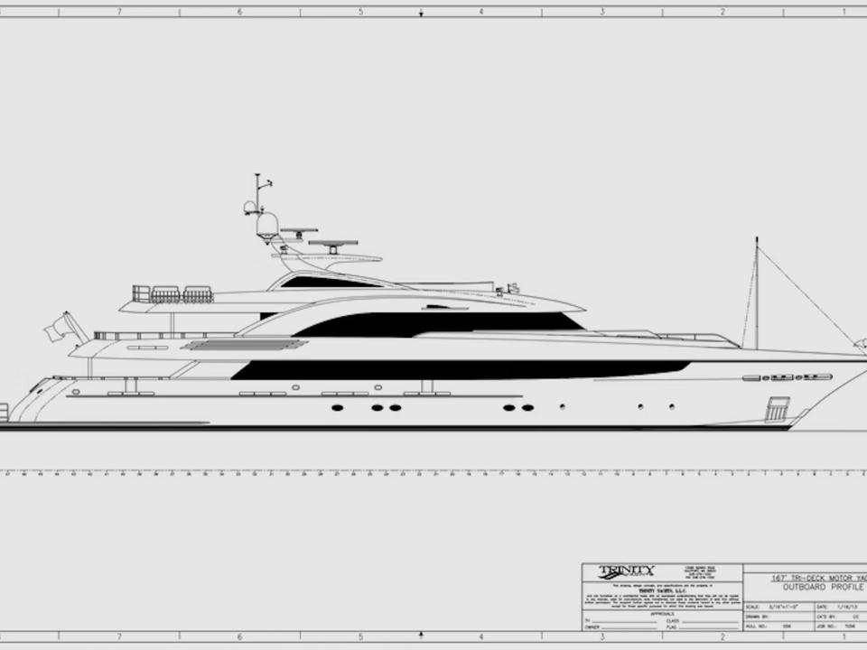 A plan for  Boathouse Auctions' 168' Trinity Tri-Deck superyacht