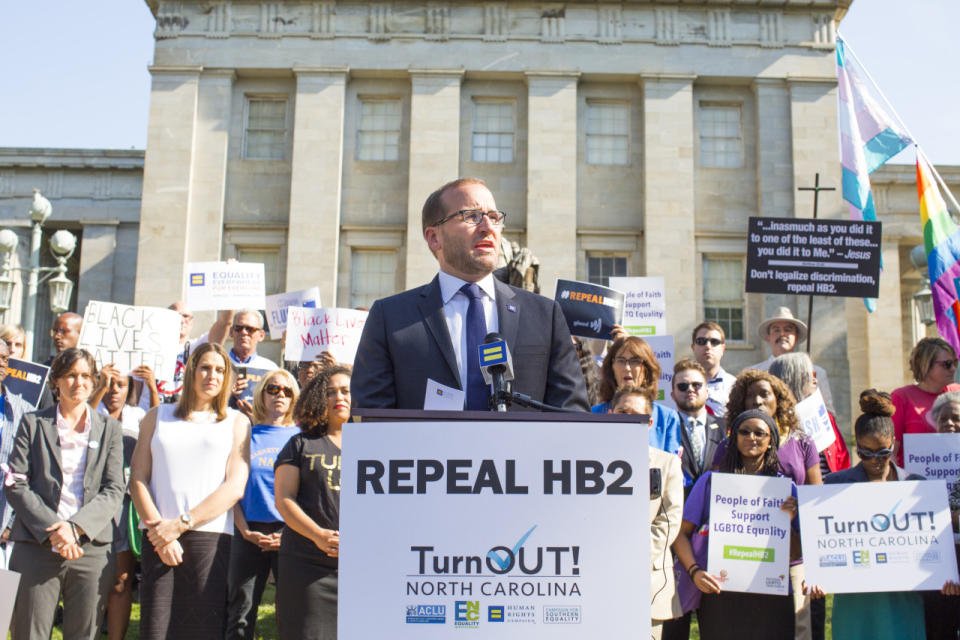 Chad Griffin speaks at a press conference during TurnOUT! NC