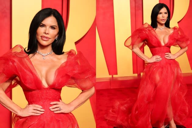 Lauren Sánchez Dons Fiery-red Lever Couture Gown for Vanity Fair 2024 Oscar  Party With Jeff Bezos, Kim Kardashian, Salma Hayek and More