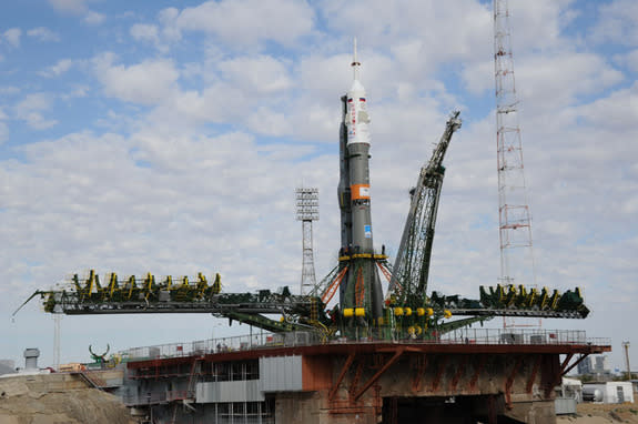 A Russian Soyuz rocket stands poised atop its launchpad at Baikonur Cosmodrome, Kazakhstan ahead of the Sept. 2 launch of a new three-man crew to the International Space Station. The rocket will launch Russian cosmonaut Sergei Volkov, Danish as