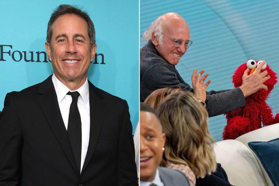 <p> Kevin Mazur/Getty; Nathan Congleton/NBC via Getty</p> Jerry Seinfeld (left) and Larry David attacking Elmo