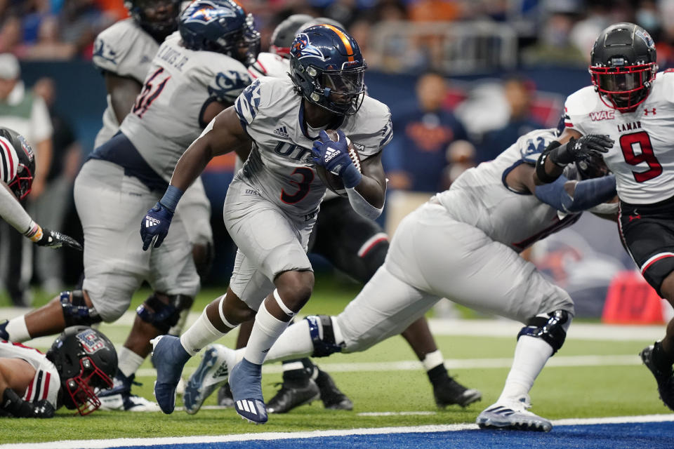 UTSA running back Sincere McCormick (3) runs for a touchdown against Lamar during the first half of an NCAA college football game Saturday, Sept. 11, 2021, in San Antonio. (AP Photo/Eric Gay)