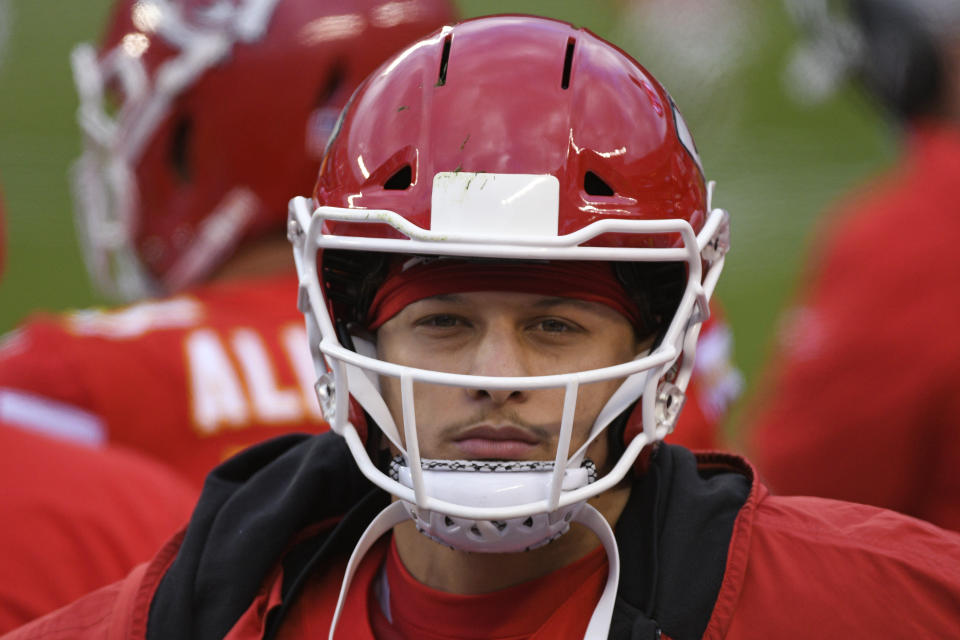 Kansas City Chiefs quarterback Patrick Mahomes walks on the sideline during the second half of an NFL divisional round football game against the Cleveland Browns, Sunday, Jan. 17, 2021, in Kansas City. (AP Photo/Reed Hoffmann)