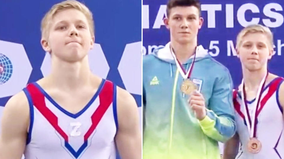 Ivan Kuliak, pictured here wearing the 'Z' symbol on the podium next to Ukrainian rival Illia Kovtun.