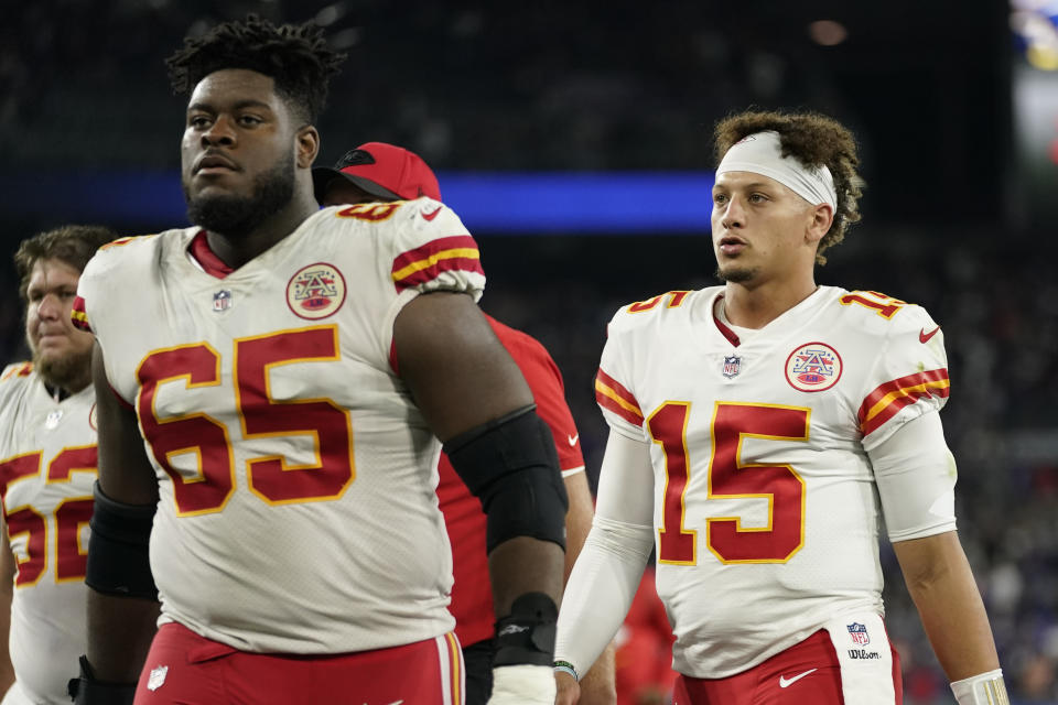 Kansas City Chiefs quarterback Patrick Mahomes (15) walks off the field after an NFL football game against the Baltimore Ravens, Sunday, Sept. 19, 2021, in Baltimore. Baltimore won 36-35. (AP Photo/Julio Cortez)