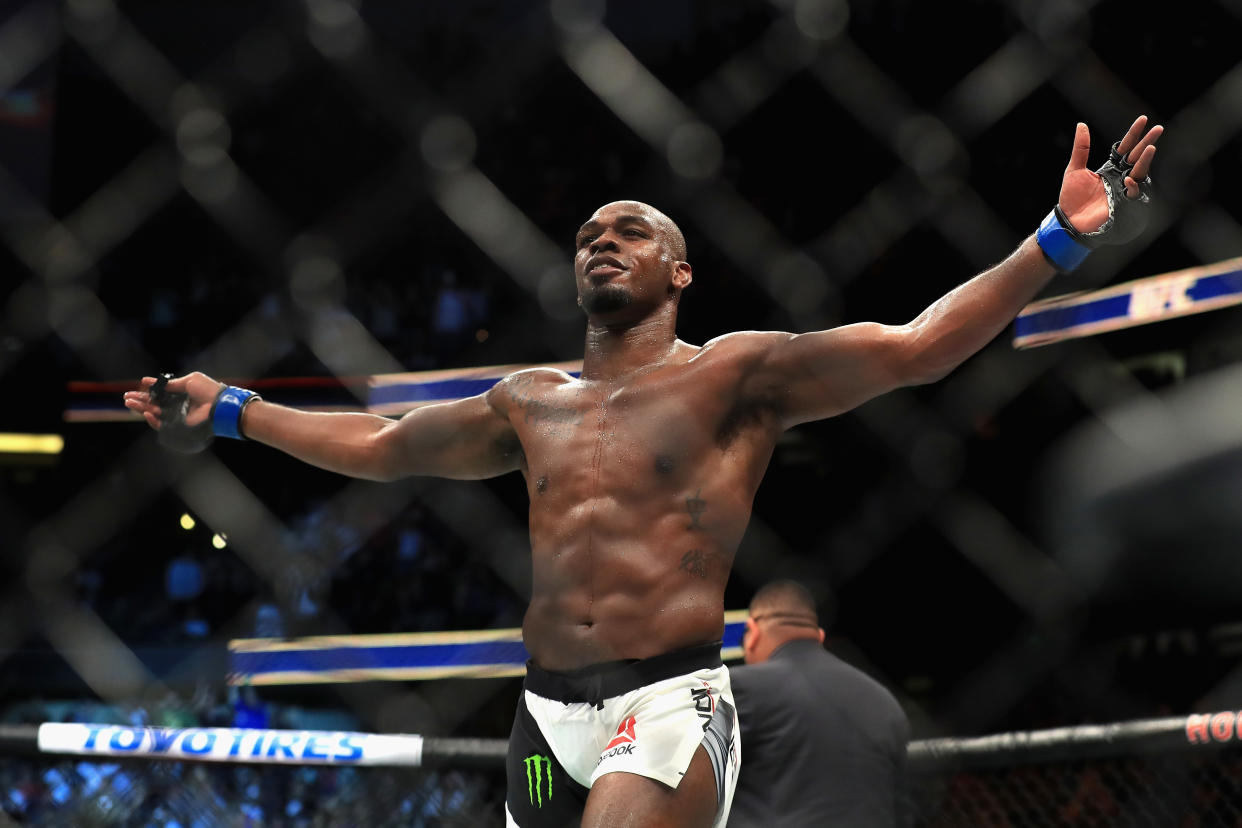 Jon Jones beat Daniel Cormier via third-round knockout at UFC 214 but now may be stripped of his title. (Getty)