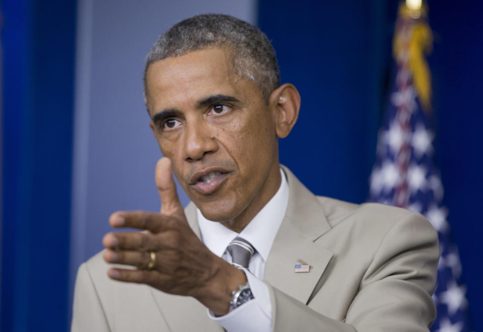 President Barack Obama speaks about the economy, Iraq, and Ukraine, Thursday, Aug. 28, 2014, in the James Brady Press Briefing Room of the White House in Washington, before convening a meeting with his national security team on the militant threat in Syria and Iraq. (AP Photo/Manuel Balce Ceneta)