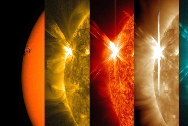 NASA's Solar Dynamics Observatory, which watches the sun constantly, captures images of a significant solar flare – as seen in the bright flash on the left – peaking at 6:11 p.m. EDT on May 5, 2015. Each image shows a different wavelength of extreme ultraviolet light that highlights a different temperature of material on the sun. By comparing different images, scientists can better understand the movement of solar matter and energy during a flare. Photo by NASA/SDO/Wiessinger/UPI