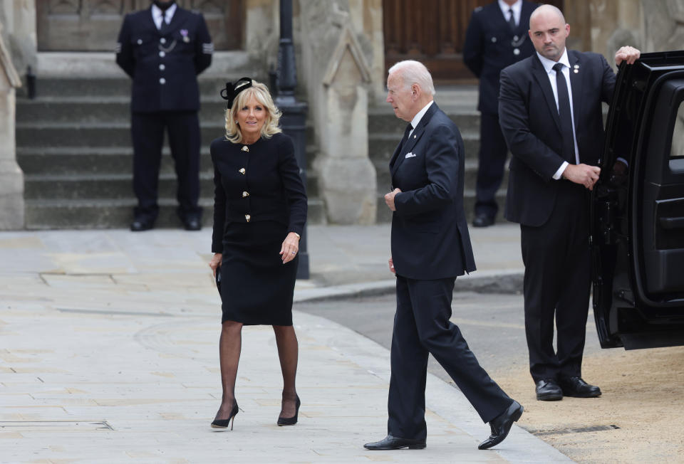 LONDON, ENGLAND - SEPTEMBER 19: Jill Biden and U.S. President, Joe Biden arrive ahead of the State Funeral of Queen Elizabeth II at Westminster Abbey on September 19, 2022 in London, England. Elizabeth Alexandra Mary Windsor was born in Bruton Street, Mayfair, London on 21 April 1926. She married Prince Philip in 1947 and ascended the throne of the United Kingdom and Commonwealth on 6 February 1952 after the death of her Father, King George VI. Queen Elizabeth II died at Balmoral Castle in Scotland on September 8, 2022, and is succeeded by her eldest son, King Charles III.  (Photo by Chris Jackson/Getty Images)