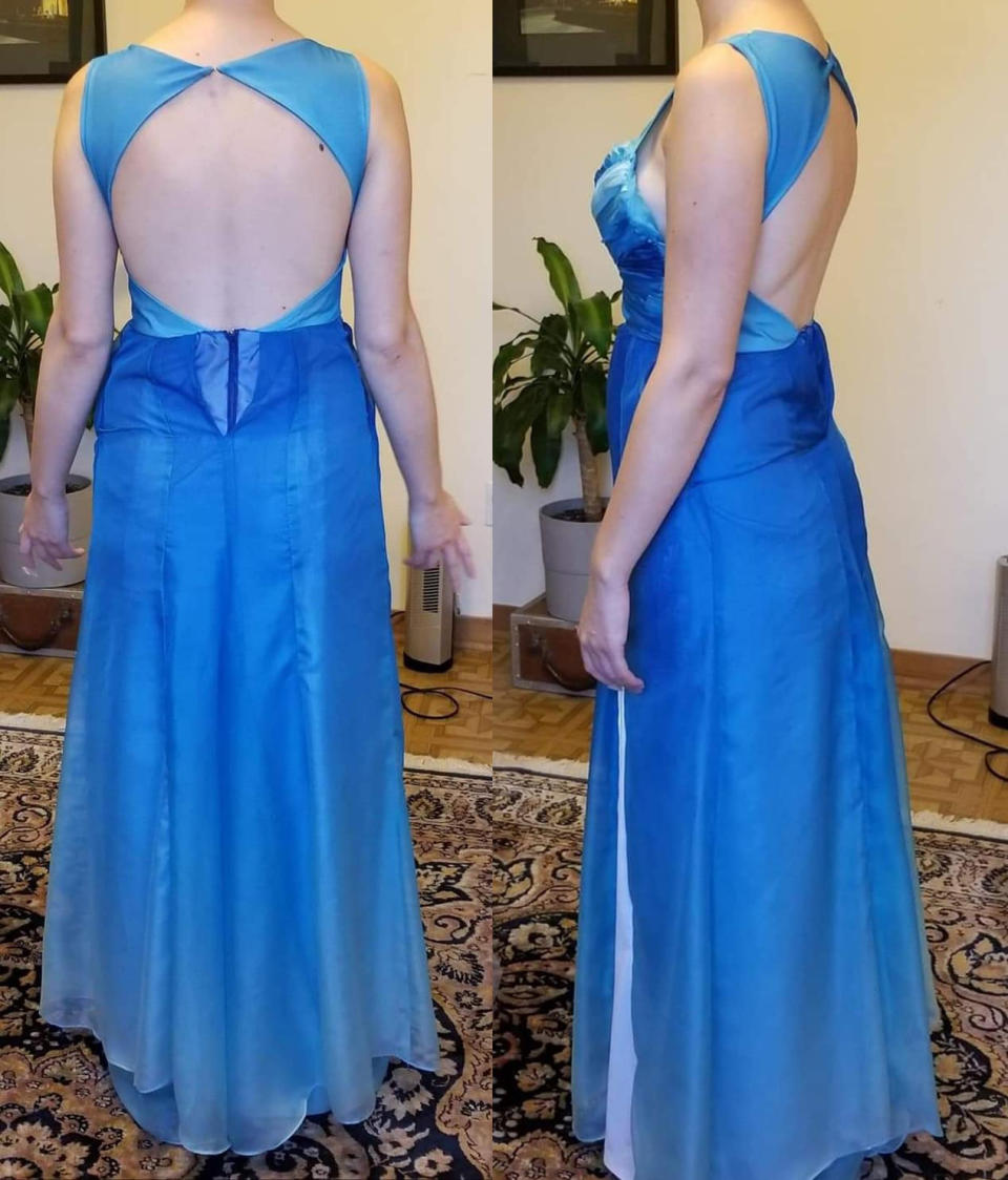 Photos of a woman wearing an ill-fitting blue gown