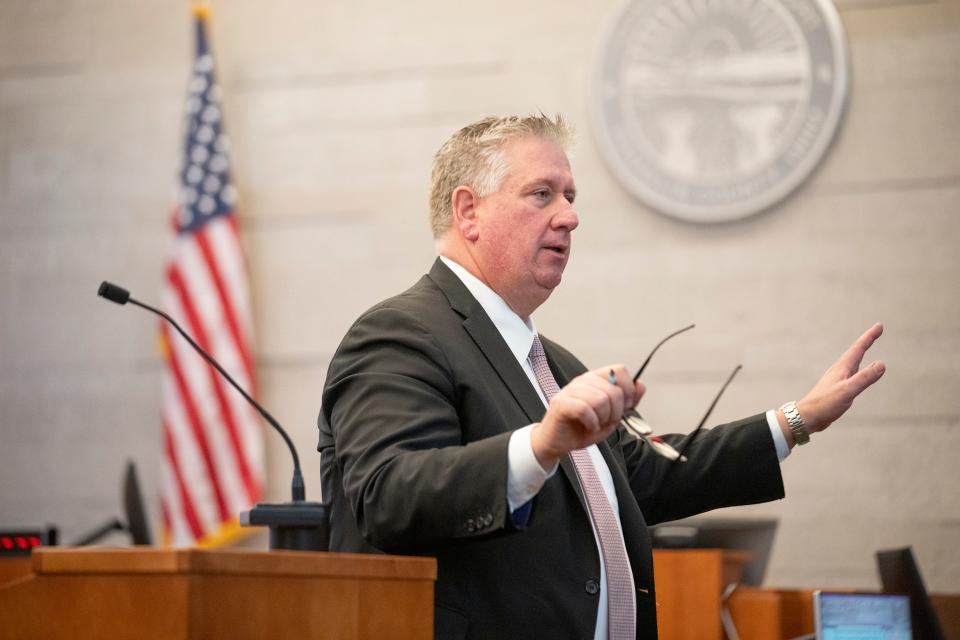 Defense attorney Mark Collins makes his closing arguments Feb. 14, 2024, in the trial of former Franklin County Sheriff's deputy  Jason Meade at the county Common Pleas Court.