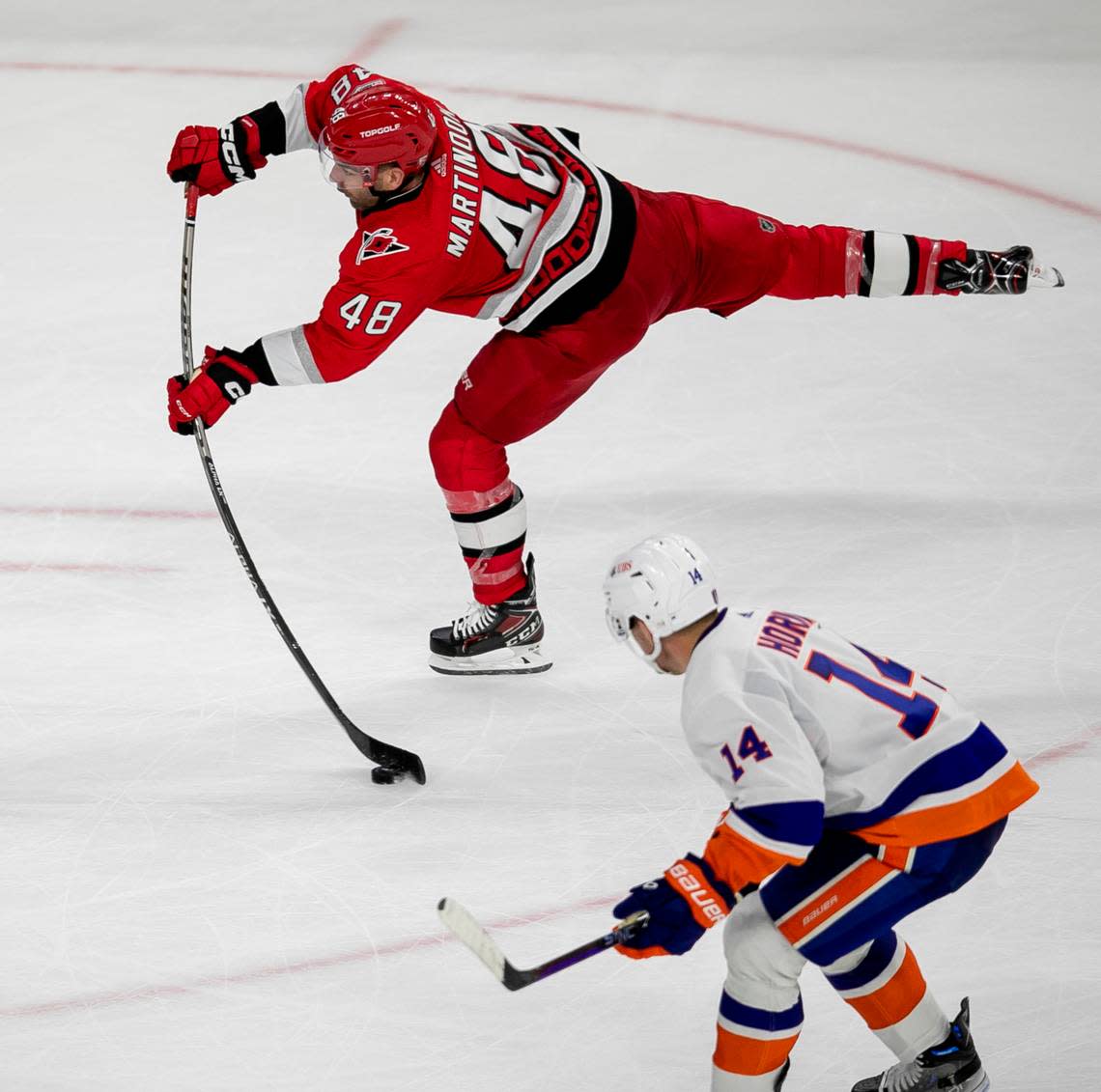 The Carolina Hurricanes Jordan Martinook (48) takes a shot on goal in the third period during Game 2 of their Stanley Cup series against the New York Islanders on Wednesday, April 19, 2023 at PNC Arena in Raleigh, N.C.
