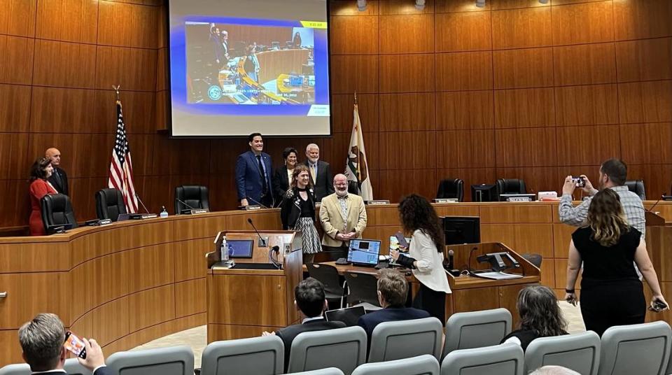 Supervisors Jimmy Paulding, Dawn Ortiz-Legg and Bruce Gibson stand for a photo with two representatives from the Gala Pride and Diversity Center after the board voted 3-2 to declare June Pride Month. Supervisors Debbie Arnold and John Peschong declined to participate in the picture. Submitted photo