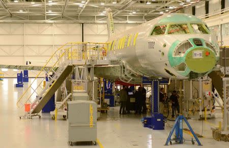 Bombardier Inc's Global 7000 business jet flight test vehicle is shown on the floor of the company's assembly line in Toronto, Ontario November 3, 2015. REUTERS/Euan Rocha