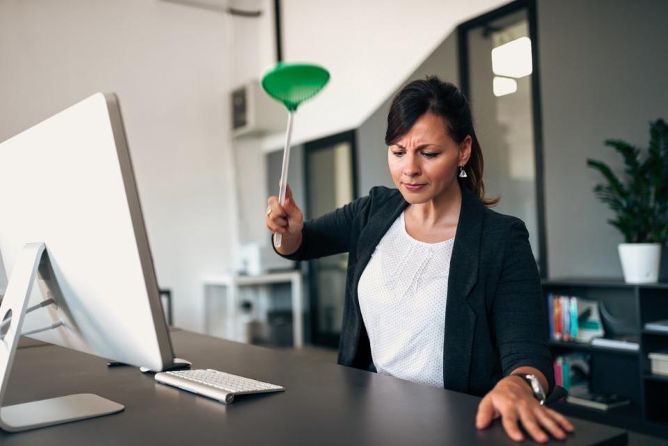 Career woman sitting at her desk holding a flyswatter.