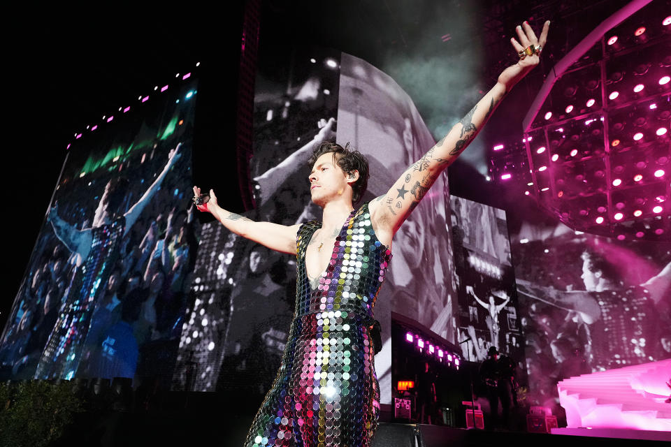 INDIO, CALIFORNIA - APRIL 15: Harry Styles performs onstage at the Coachella Stage during the 2022 Coachella Valley Music And Arts Festival on April 15, 2022 in Indio, California. (Photo by Kevin Mazur/Getty Images for ABA)