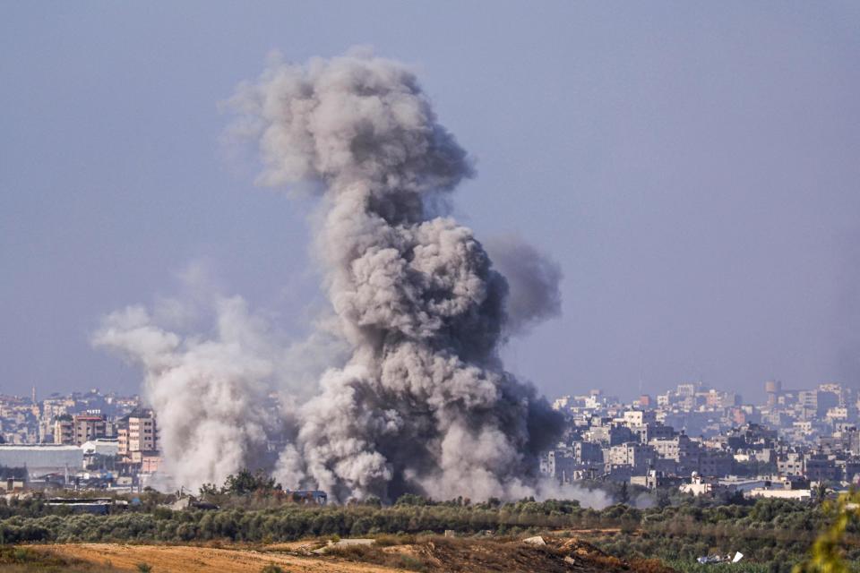 This picture taken from the Israeli side of the border with the Gaza Strip on Nov. 10, 2023 shows billowing smoke during the Israeli bombardment of the Gaza Strip, amid ongoing battles between Israel and the Palestinian Hamas movement.