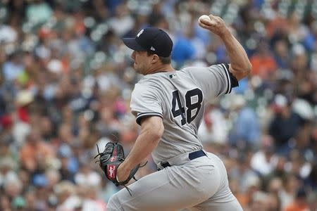 Aug 24, 2017; Detroit, MI, USA; New York Yankees relief pitcher Tommy Kahnle (48) pitches in the fifth inning against the Detroit Tigers at Comerica Park. Mandatory Credit: Rick Osentoski-USA TODAY Sports