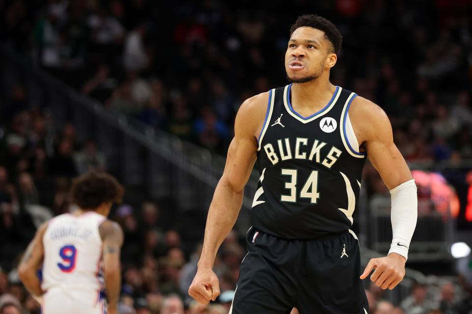 MILWAUKEE, WISCONSIN - MARCH 14: Giannis Antetokounmpo #34 of the Milwaukee Bucks reacts to a dunk during the first half of a game against the Philadelphia 76ers at Fiserv Forum on March 14, 2024 in Milwaukee, Wisconsin. NOTE TO USER: User expressly acknowledges and agrees that, by downloading and or using this photograph, User is consenting to the terms and conditions of the Getty Images License Agreement. (Photo by Stacy Revere/Getty Images)