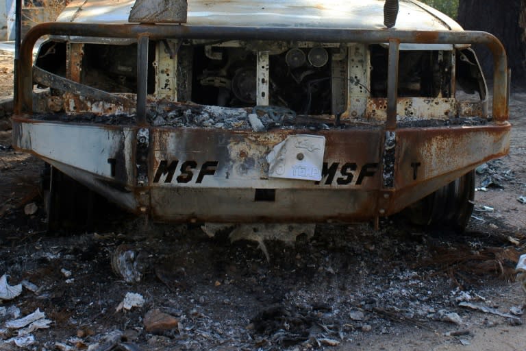 A burnt-out vehicle of the MSF medical charity is seen inside the premises of the damaged Medecins Sans Frontieres (MSF) hospital in northern Kunduz on November 10, 2015