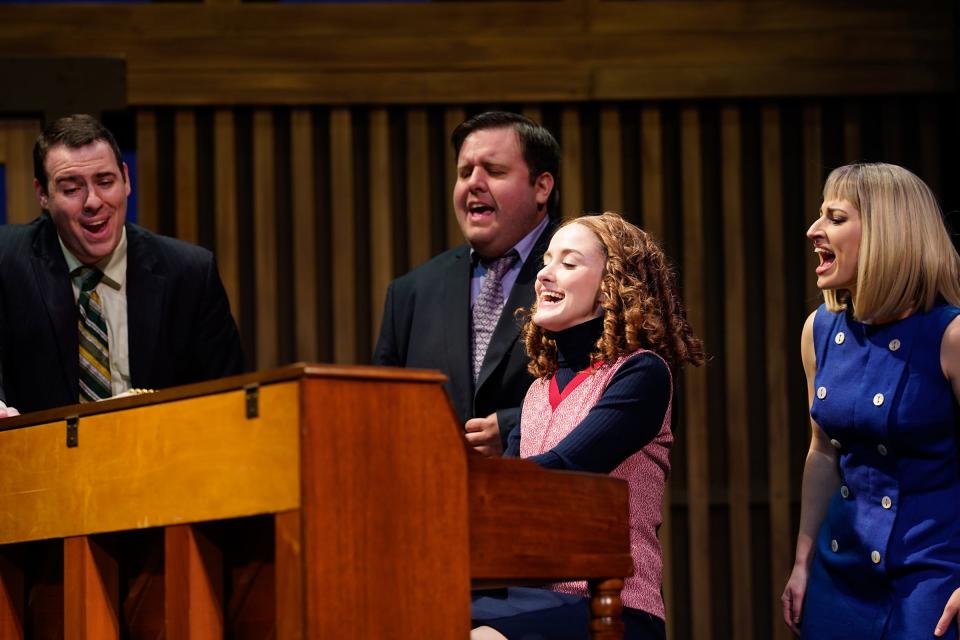 Chris Stack as Don Kirshner, Sam Ramirez as Barry Mann, Emma Skaggs as Carole King, and Katelyn Lesle Levering as Cynthia Weil sing “You've Got a Friend” in a scene from “Beautiful: The Carole King Musical” at the Croswell Opera House.