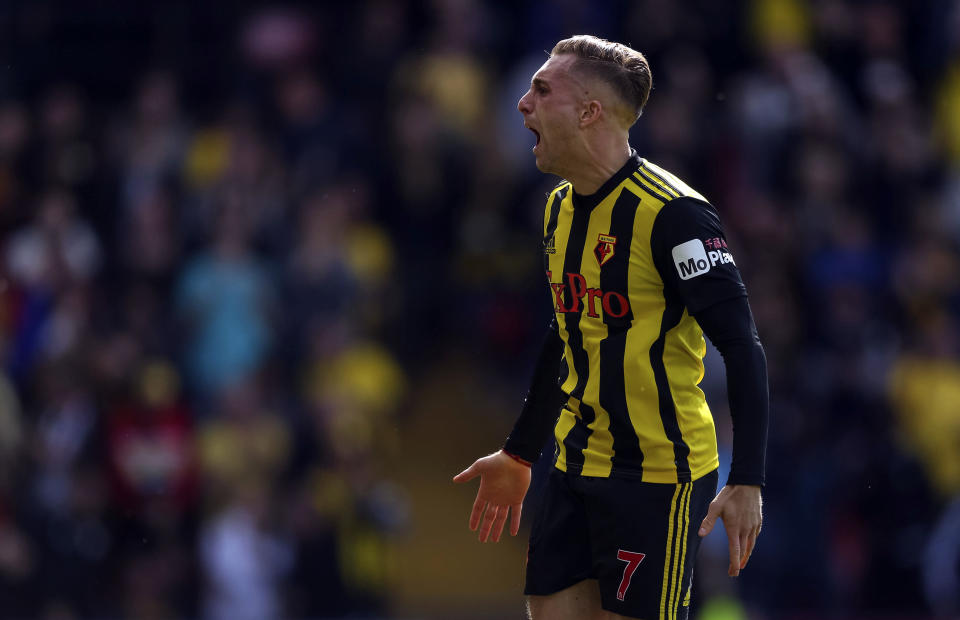 Watford's Gerard Delofeu celebrates scoring their first goal during their English Premier League soccer match against West Ham United at Vicarage Road, Watford, England, Sunday, May 12, 2019. (Paul Harding/PA via AP)