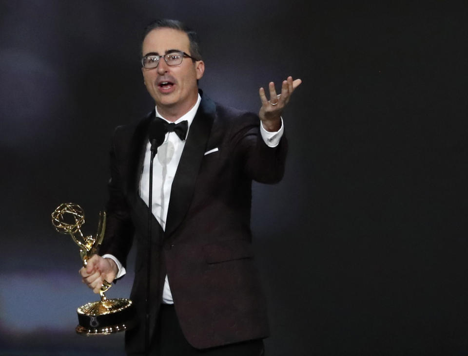 John Oliver for <i>Last Week Tonight With John Oliver</i> wins the Emmy for Outstanding Variety Talk series. REUTERS/Mario Anzuoni