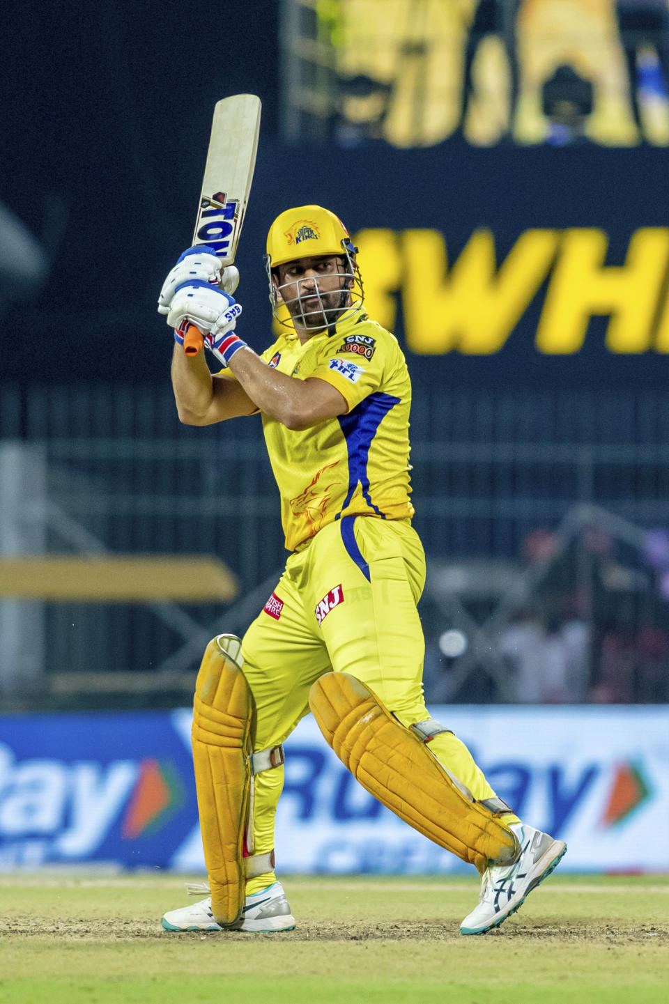 MS Dhoni of Chennai Super Kings plays a shot during the Indian Premier League (IPL) cricket match between Chennai Super Kings and Rajasthan Royals in Chennai, India, Wednesday, April 12, 2023. (AP Photo/ R. Parthibhan)